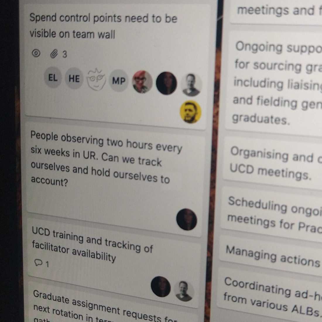 Actions on board: Spend control points need to be visible on team wall; People observing two hours every six weeks in UR. Can we track ourselves and hold ourselves into account?; UCD training and tracking of facilitator availability