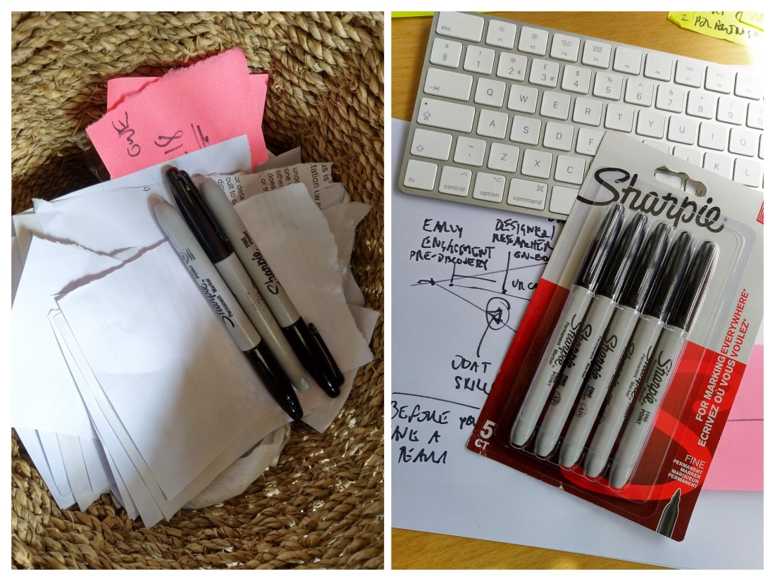 Left: marker pens and torn paper in a waste paper bin. Right: Unopened 5-pack of Sharpies on top of a keyboard and sketch