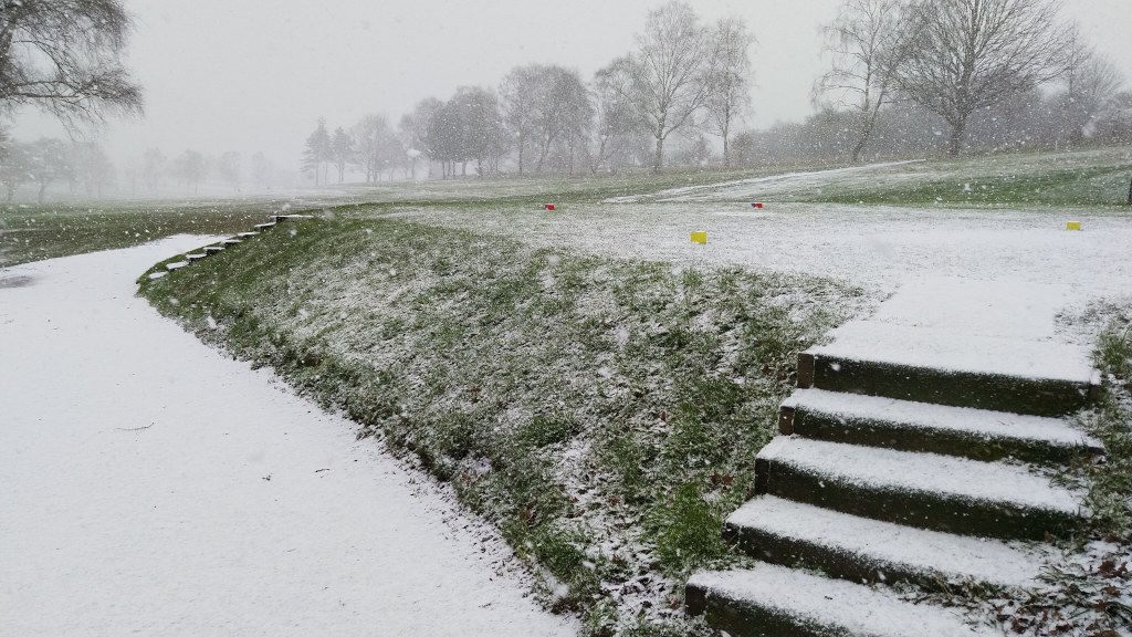 Steps and a grassy bank covered in snow