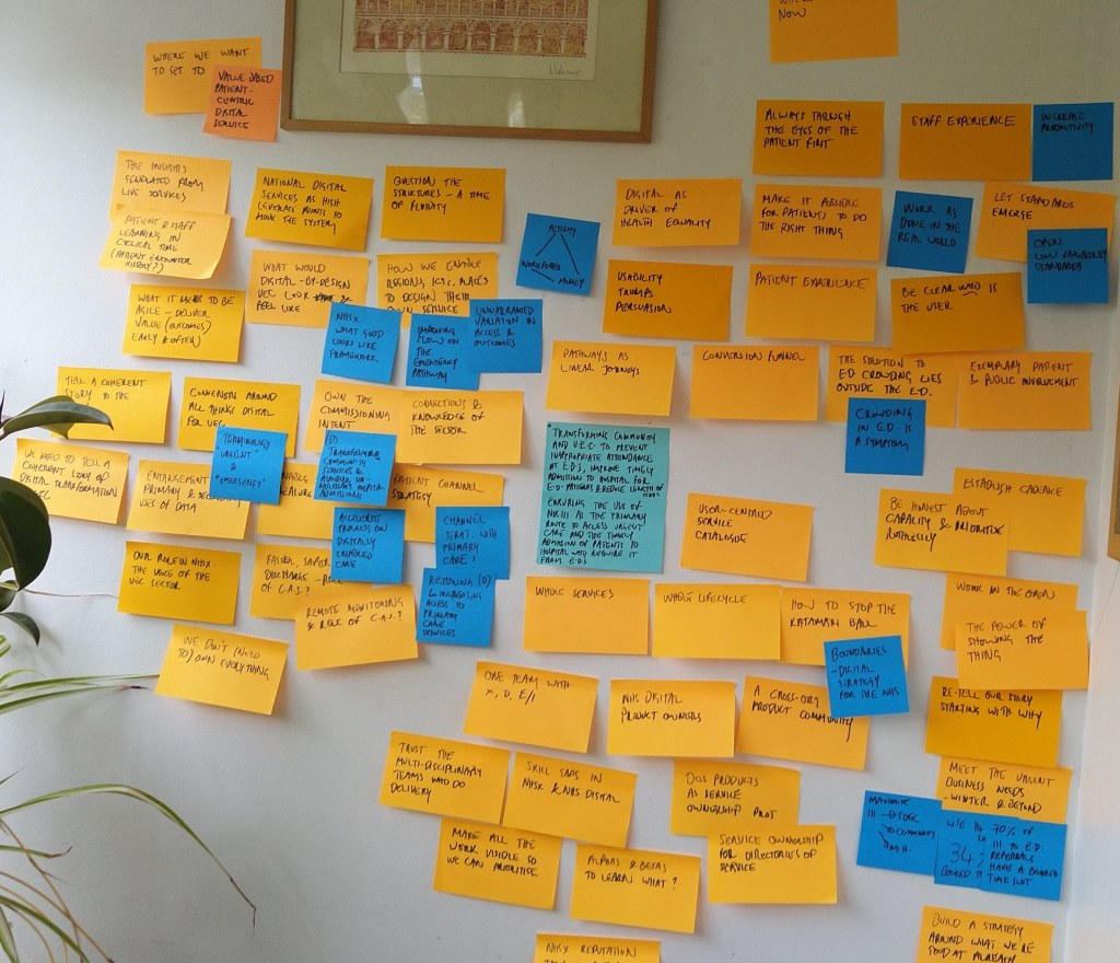 Wall with the same orange sticky notes spread across, additional blue sticky notes overlaid