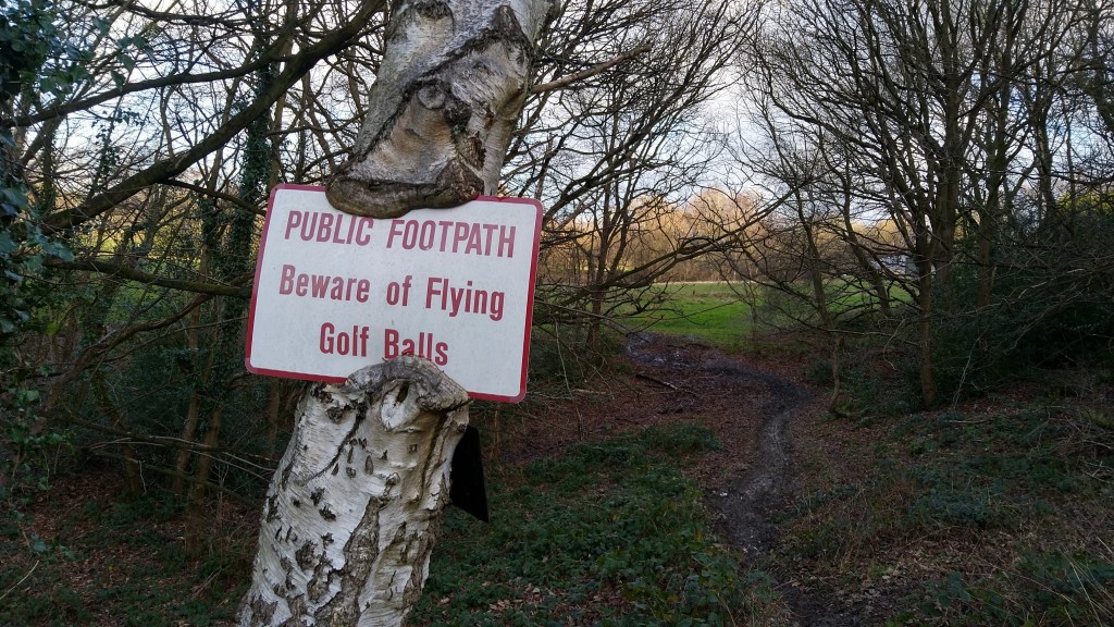 Gap in trees leading to a muddy field. A sign attached to a tree reads: "PUBLIC FOOTPATH Beware of Flying Golf Balls". The tree bark has grown around the sign