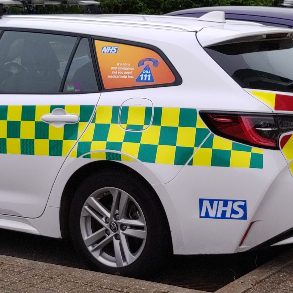 Rear half of a white car wih NHS and 111 logos on it. Green and yellow check strip to denote urgent response