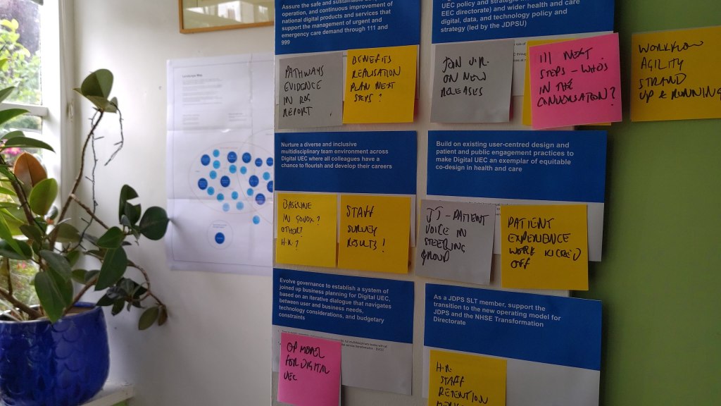 Text on printouts: Assure the safe and sustainable adoption, operation, and continuous improvement of national digital products and services that support the management of urgent and emergency care demand through 111 and 999. Promote a vision and programme of work for digital transformation in UEC that fulfils the UEC policy and strategic intent (led by the EEC directorate) and wider health and care digital, data, and technology policy and strategy (led by the JDPSU). Nurture a diverse and inclusive multidisciplinary team environment across Digital UEC where all colleagues have a chance to flourish and develop their careers. Build on existing user-centred design and patient and public engagement practices to make Digital UEC an exemplar of equitable co-design in health and care. Evolve governance to establish a system of joined up business planning for Digital UEC, based on an iterative dialogue that navigates between user and business needs, technology considerations, and budgetary constraints.