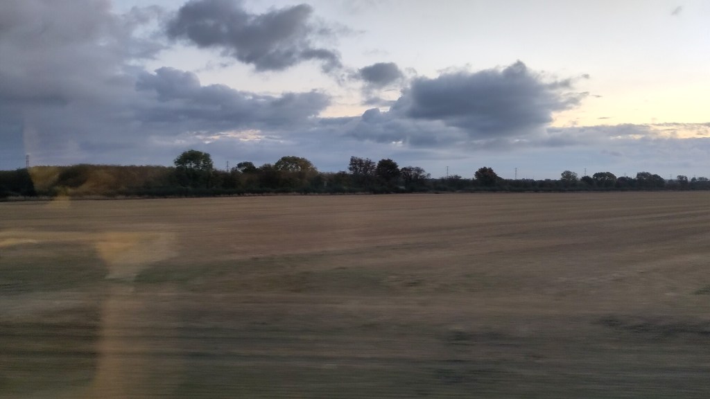 View through window of field, trees, and clouds at sunrise