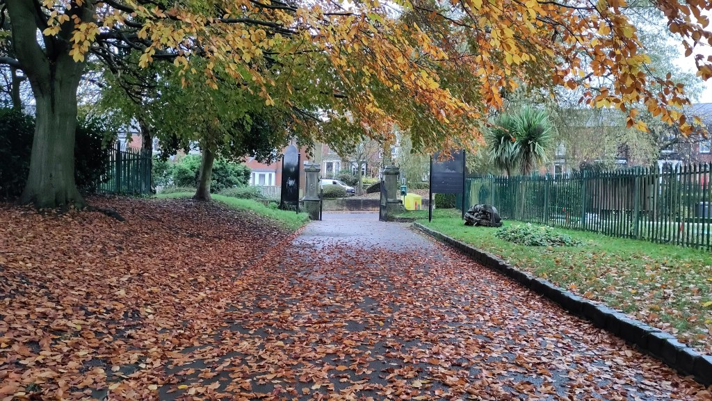View along a wide tarmac path to a pair of solid stone gateposts. To the left of the path is a large tree whose yellow and brown leaves overhand the path. Brown leaves carpet the path and the muddy verge around the tree. To the right of the path, a grassy strip with some scattered leaves and an approximately 2 metre high metal fence. In the distance glimpsed through the gateposts are a parked car and red brick houses