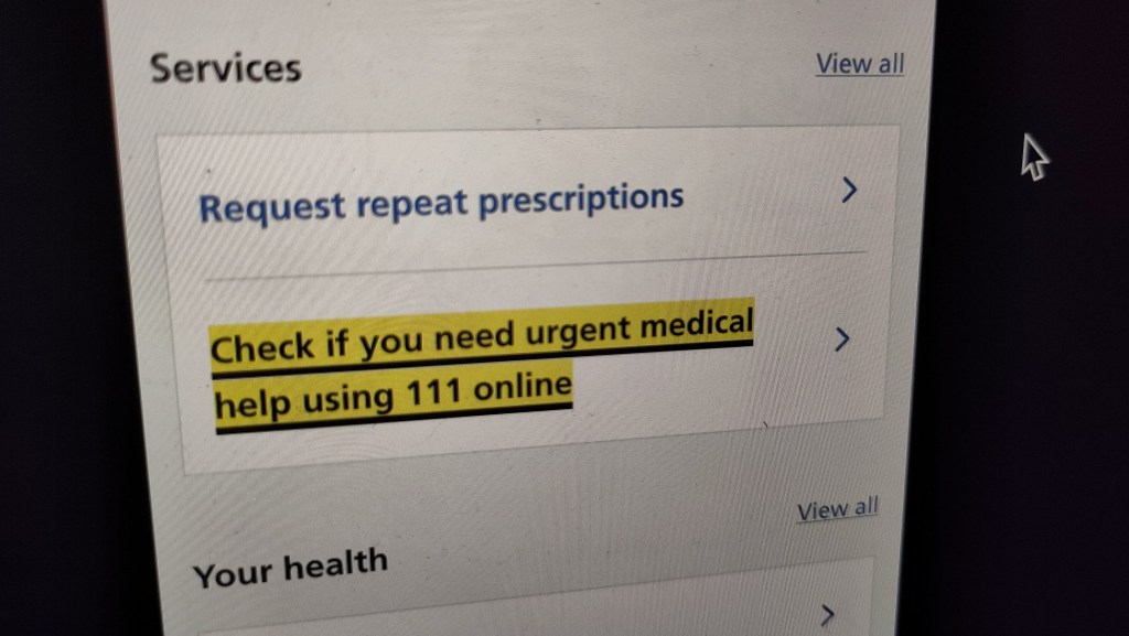 Close-up of NHS services screenshot, showing links to "Request repeat prescriptions" and "Check if you need urgent medical help using 111 online"