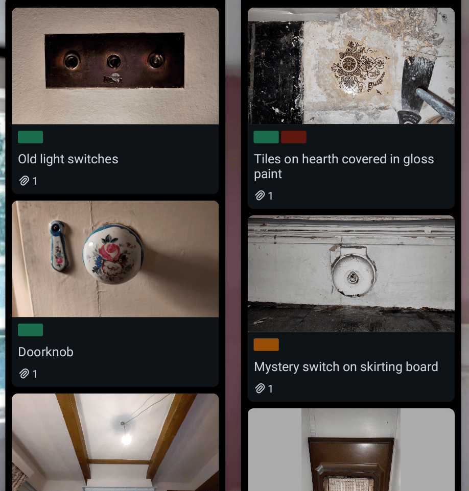 Snapshot from Trello board. Cards visible are titled Old light switches, Doorknob, Tiles on hearth covered in gloss paint, Mystery switch on skirting board