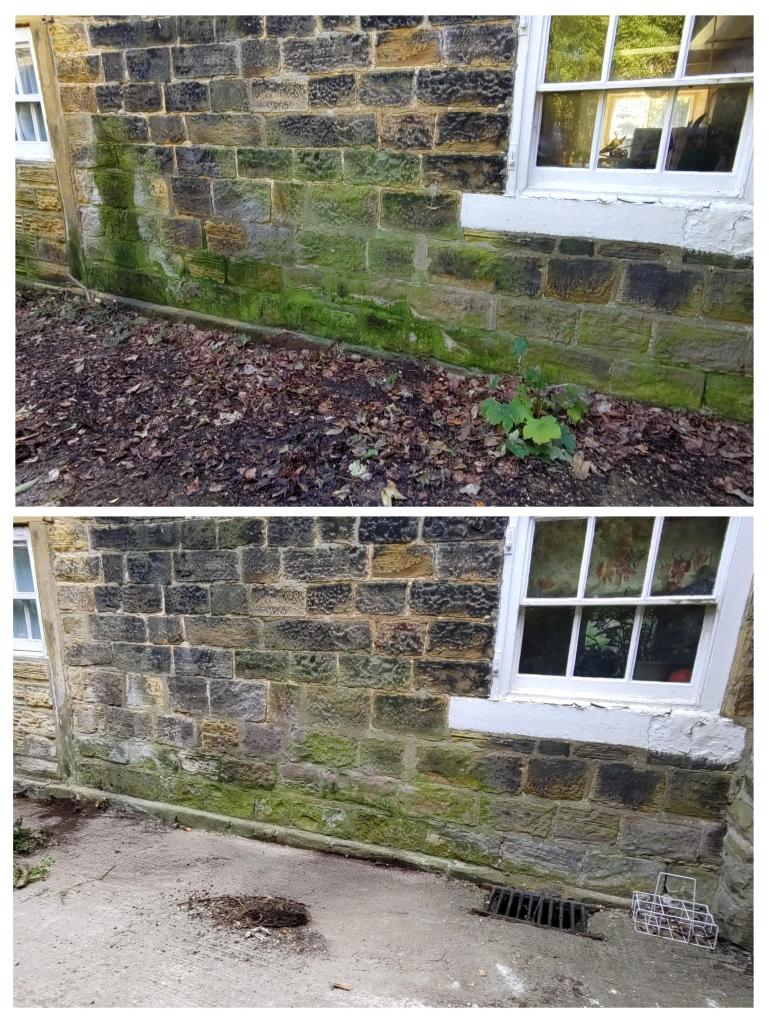 Two images of the same portion of stone built wall, with a white painted six pane window. Top image: the wall is streaked with bright green stains and the path in front is covered in leaves Below image: the same wall has only light green marks and the path is clear
